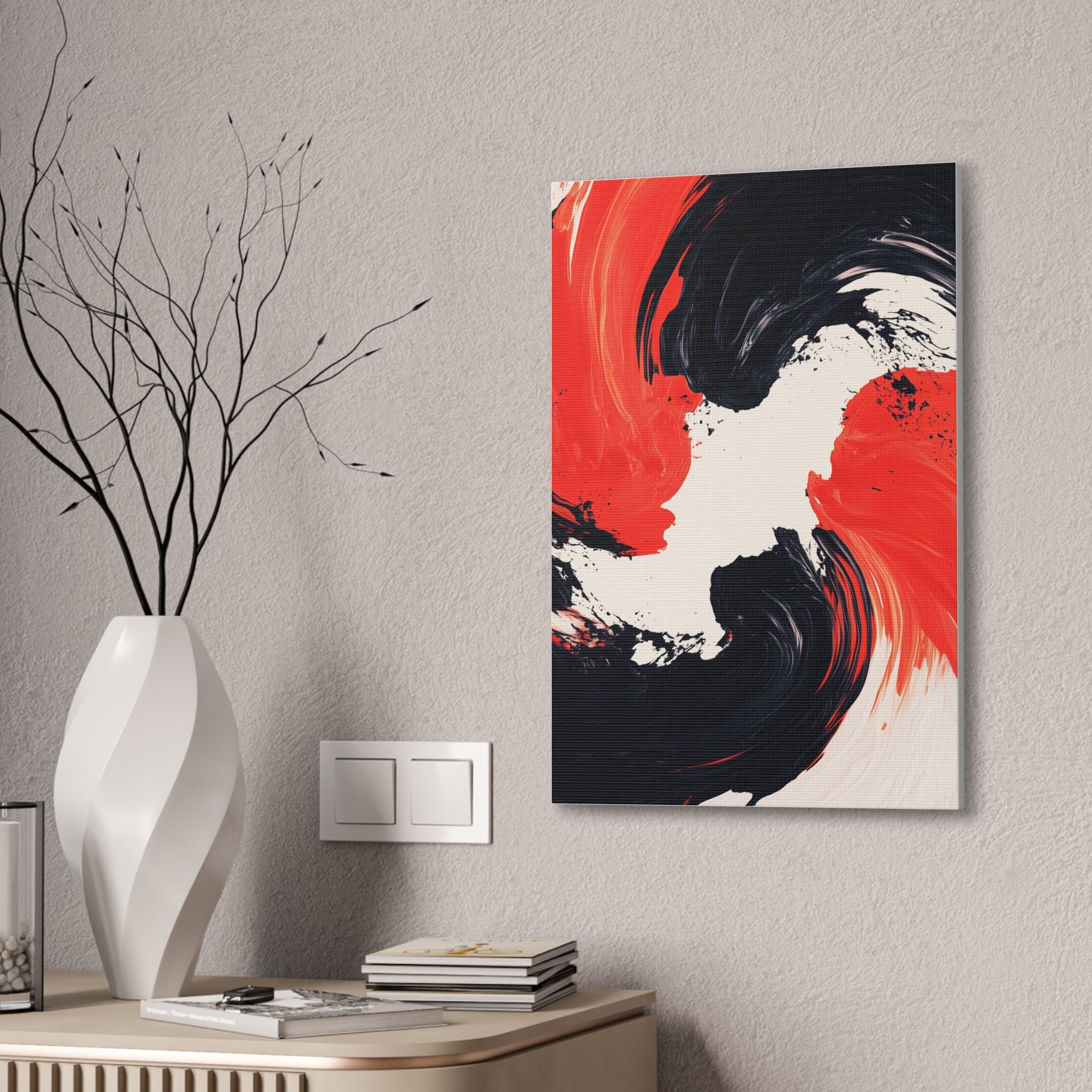 Abstract Red & Black Swirl Canvas Art – Modern Stretched Wall Decor