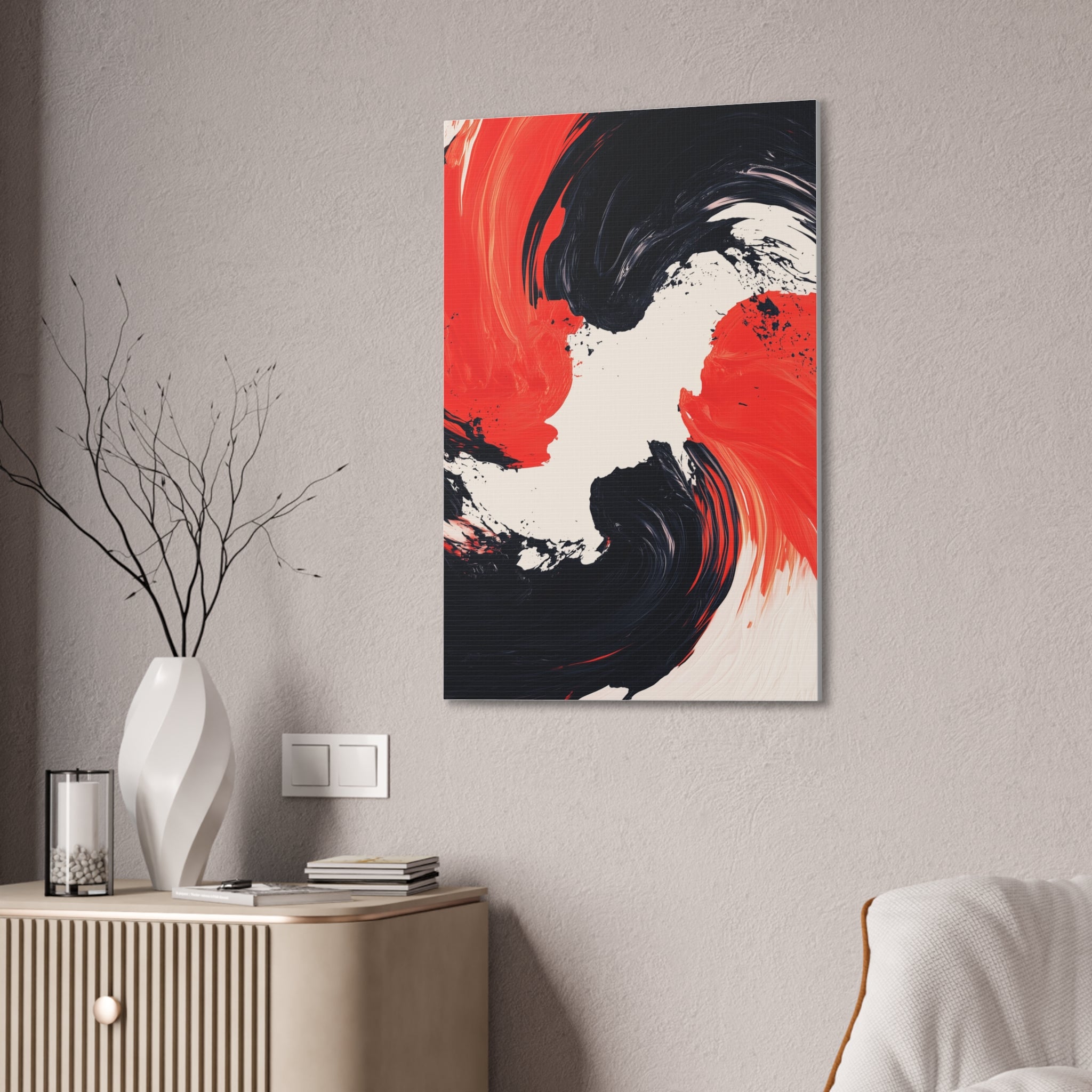 Abstract Red & Black Swirl Canvas Art – Modern Stretched Wall Decor